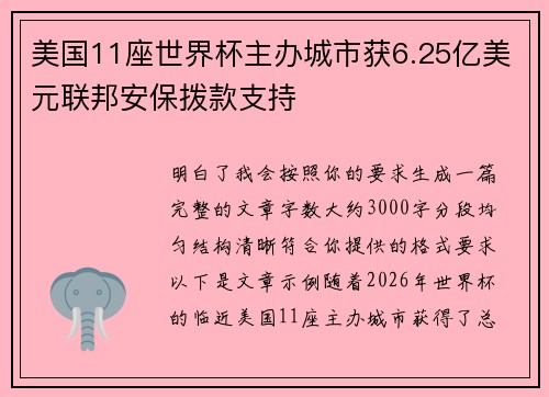 美国11座世界杯主办城市获6.25亿美元联邦安保拨款支持 美国11座世界杯主办城市获6.25亿美元联邦安保拨款支持